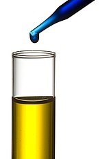 A pipette dripping blue chemicals into a test tube of yellow chemicals. Source: medicalimages.com