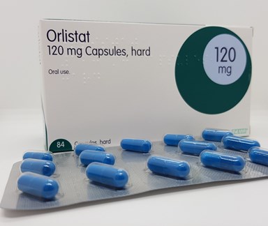 Orlistat box with tablets