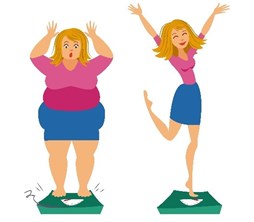A woman standing on scales, happy with her weight loss